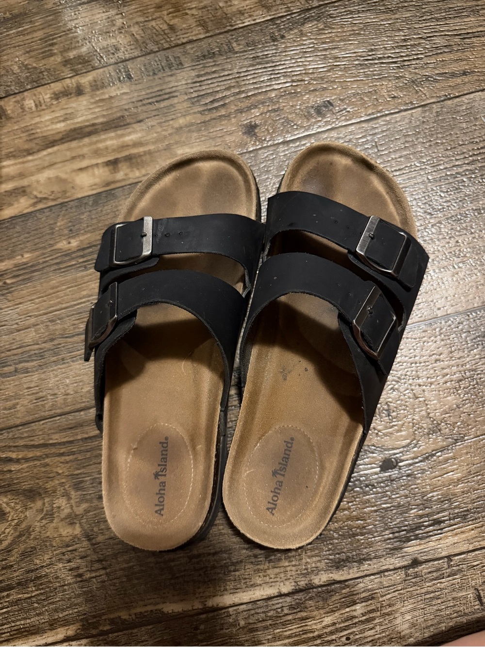 Aloha Island Black Double Buckle Slide Sandals with Tan Footbed